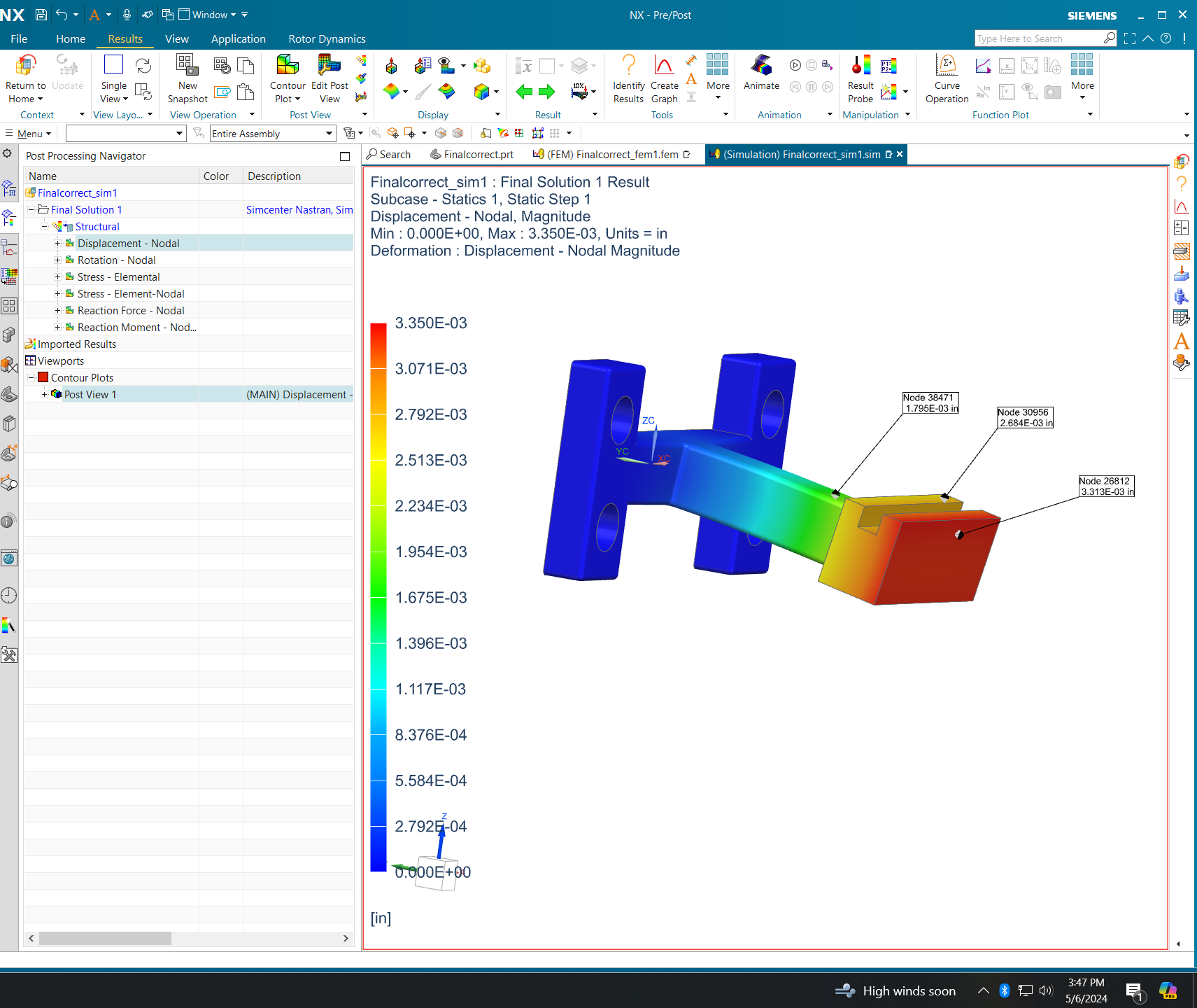 NX Nastran FEA result — H-bracket displacement contour: max 3.500E-03 in at free load lug (red), min 0.0000 at fixed mounts (blue). Hot-cold color scale.