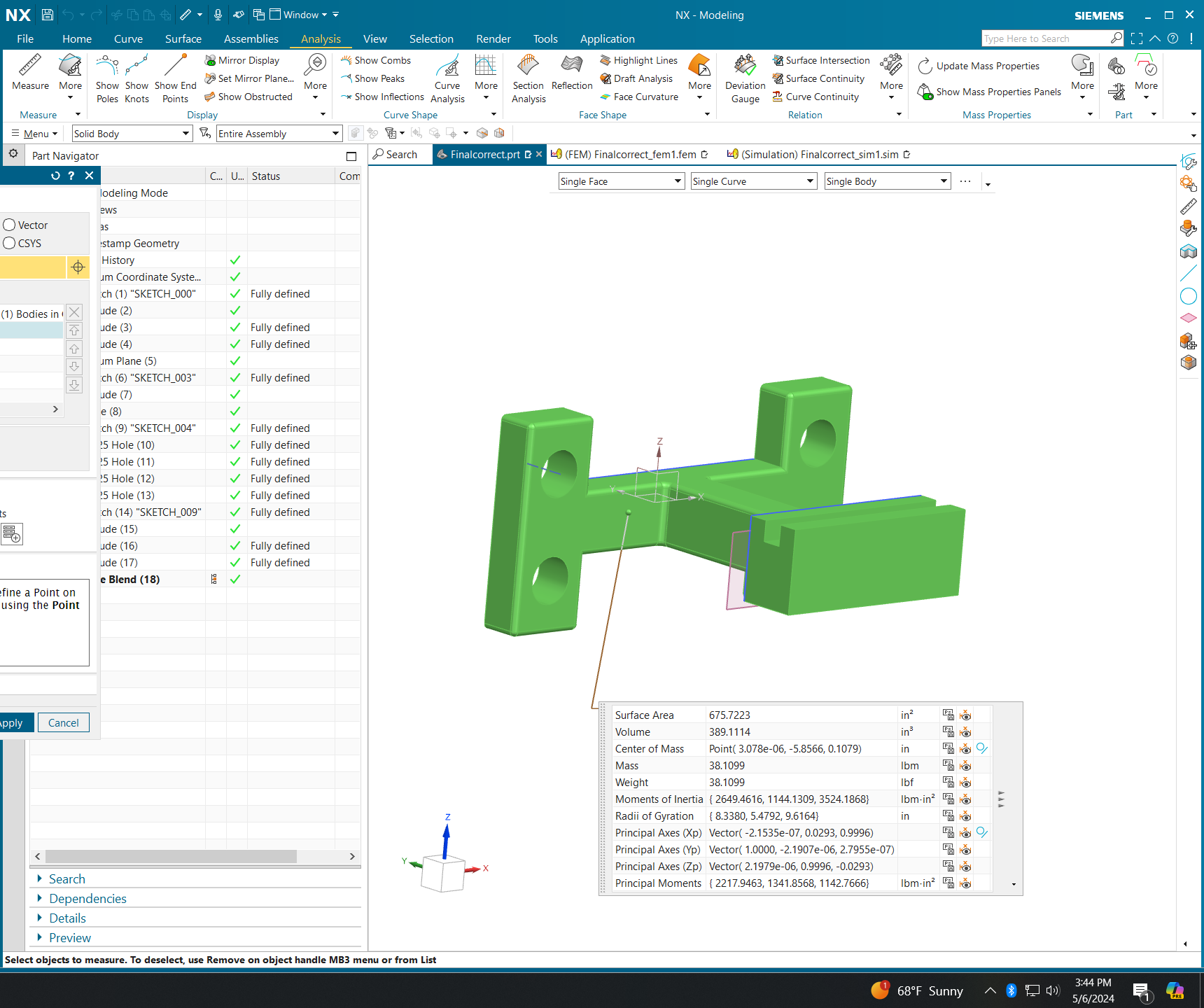 Siemens NX — H-bracket solid with mass properties panel open: surface area, volume, center of mass XYZ, mass, and 3×3 inertia tensor all displayed.