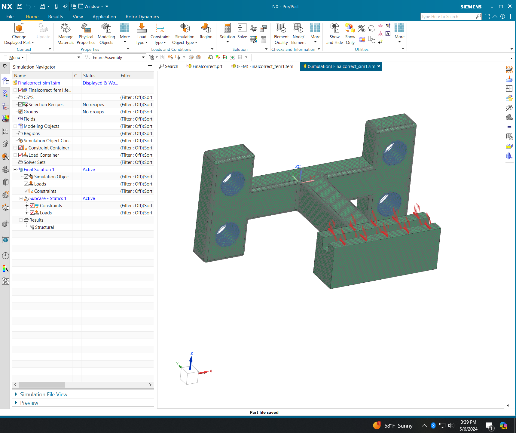 Siemens NX Simulation Navigator — H-bracket with tetrahedral mesh, fixed cylindrical constraints at mounting holes, and distributed load on bearing face visible in the navigator tree.