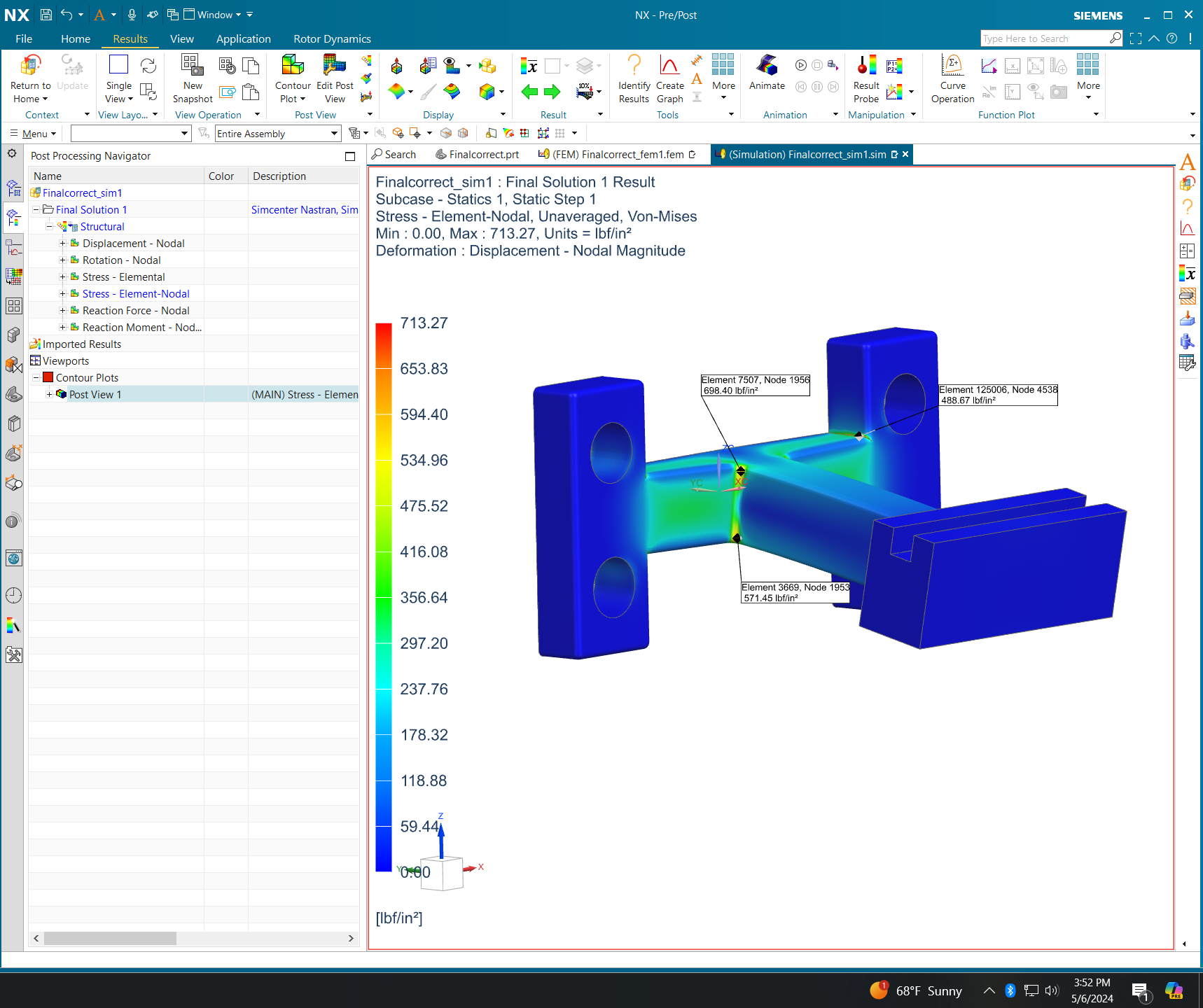 NX Nastran FEA result — H-bracket Von Mises stress contour: max 713.27 lb/in² concentrated at inner radius of mounting holes (stress concentration); bulk of part near-zero (blue).