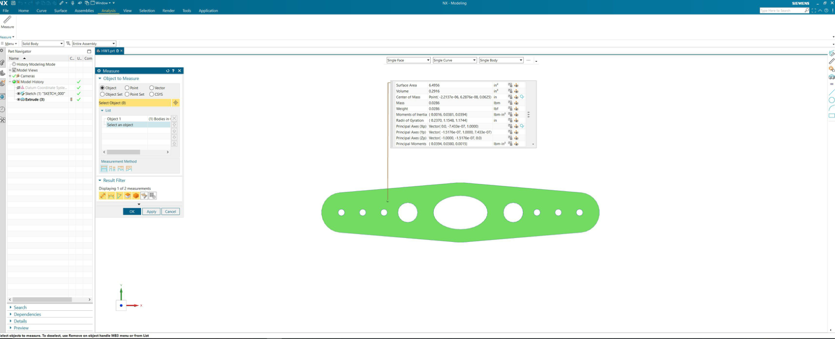 Siemens NX — HW1 flat connecting link: green extruded profile with two circular boss features; measure panel showing surface area, volume, mass, center of mass, and inertia principal axes.