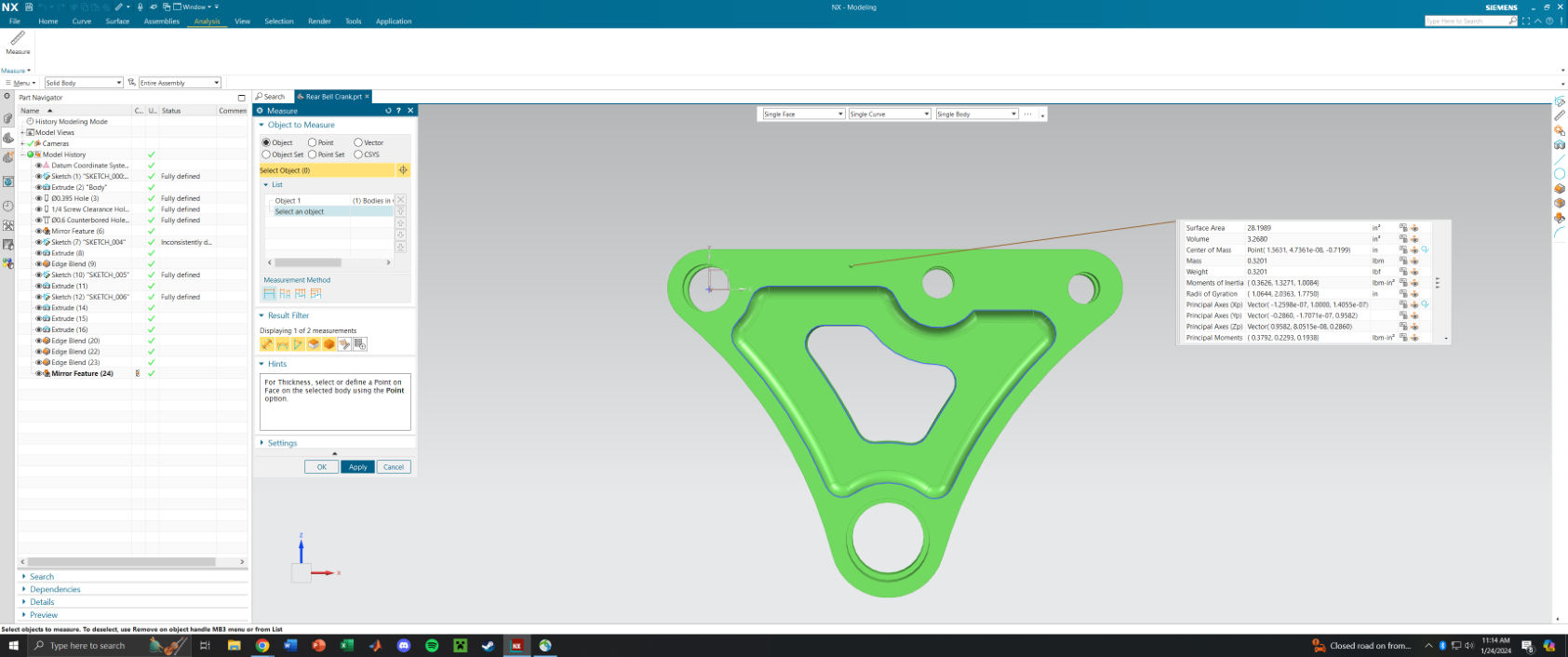 Siemens NX — HW2 bell crank plate: green triangular plate with through-holes; full part feature tree visible in navigator showing sketches, extrudes, edge blends, mirror feature. Measure panel with mass properties.