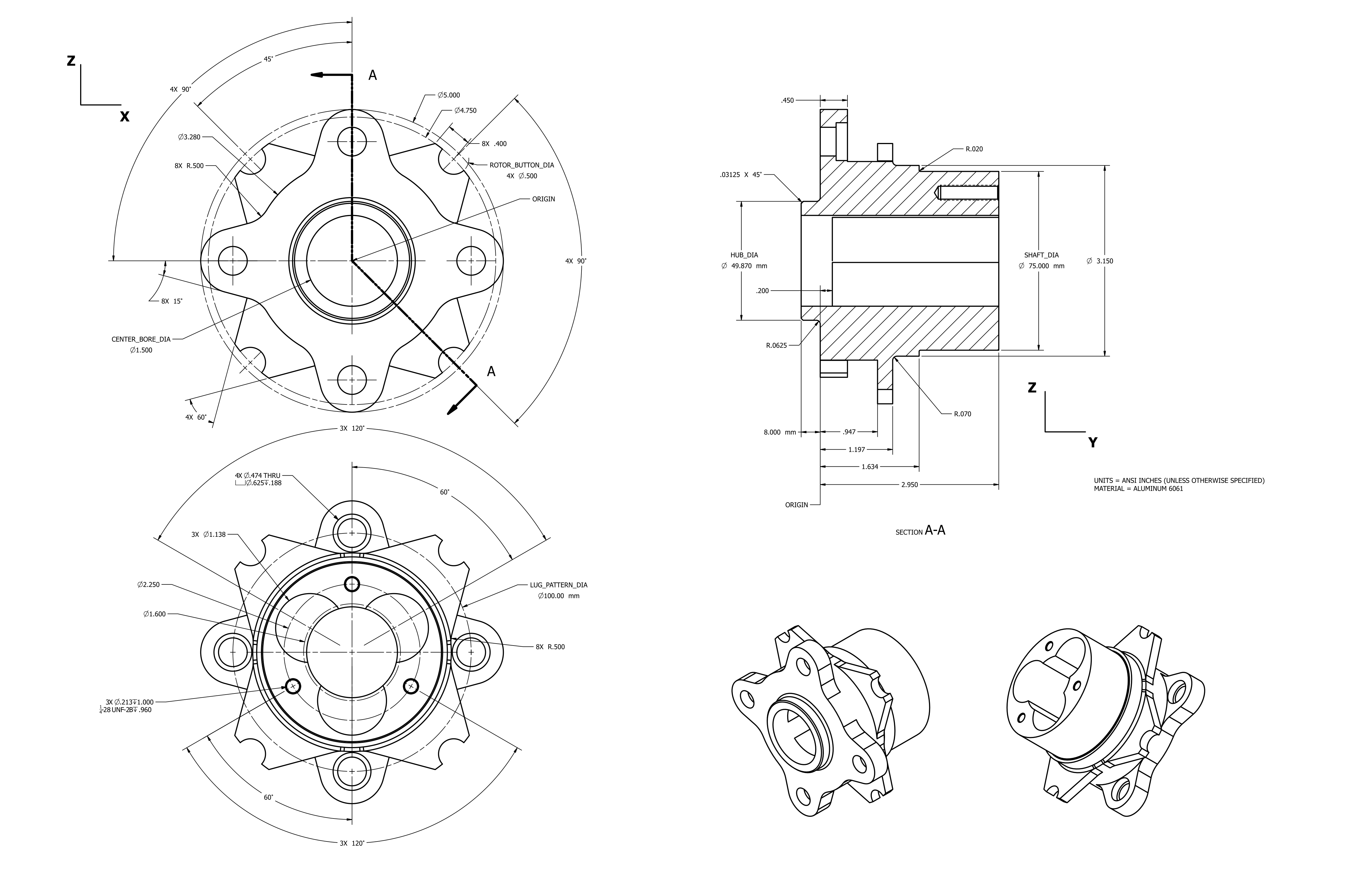 Engineering drawing — Wheel Hub: front circular view with 6-bolt pattern and spoke cutouts, Section A-A showing counterbore and bearing bore depth; Aluminum 6061, ANSI inches; isometric render showing hub assembly geometry.