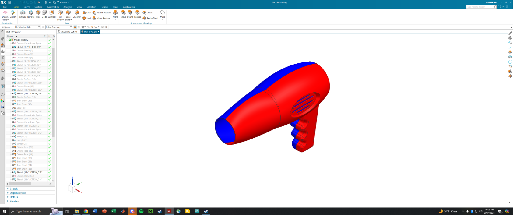 Siemens NX — Hairdryer solid body model: complex multi-sketch parametric surfaces with blended body, nozzle, handle grip, and vent grille geometry. Red/blue material rendering, isometric view.
