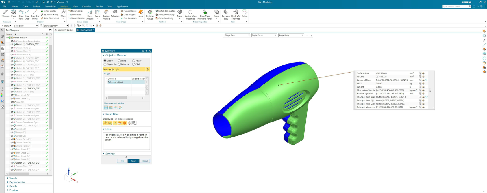 Siemens NX — Hairdryer solid model (right side): green body with measure panel open showing surface area 420868 mm², volume 207528 mm³, mass 0.2076 kg, center of mass, and full inertia tensor.