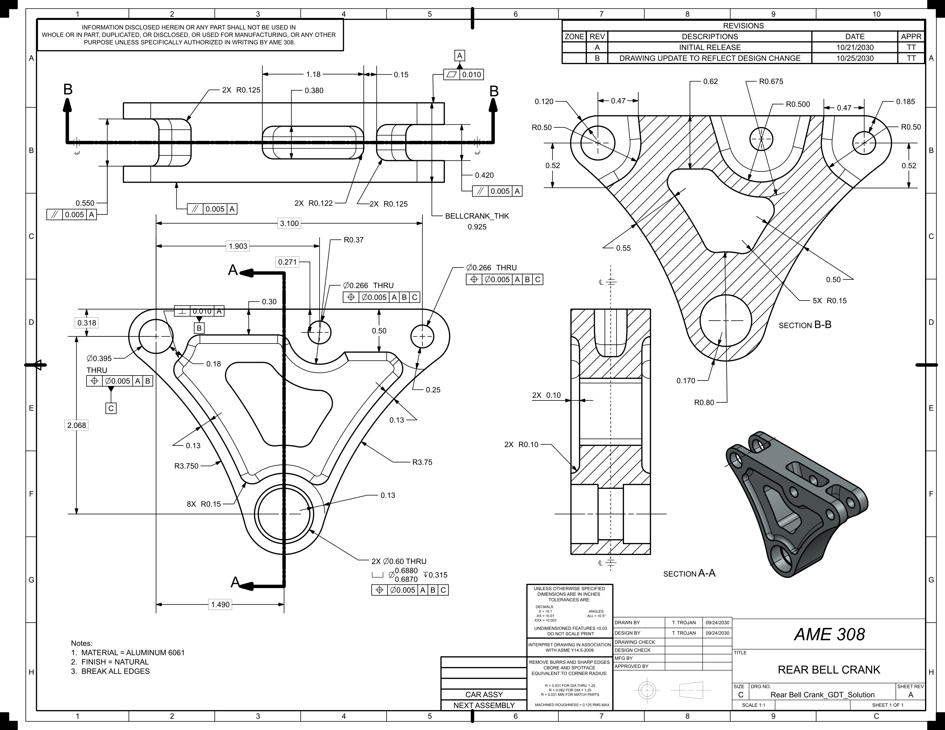 Engineering drawing — AME 308 Rear Bell Crank: orthographic front and side views, Section A-A and Section B-B; full GD&T positional tolerances ⌀0.0001 A|B|C, flatness 0.0009; Aluminum 6061; revision table; isometric render. ANSI inches.
