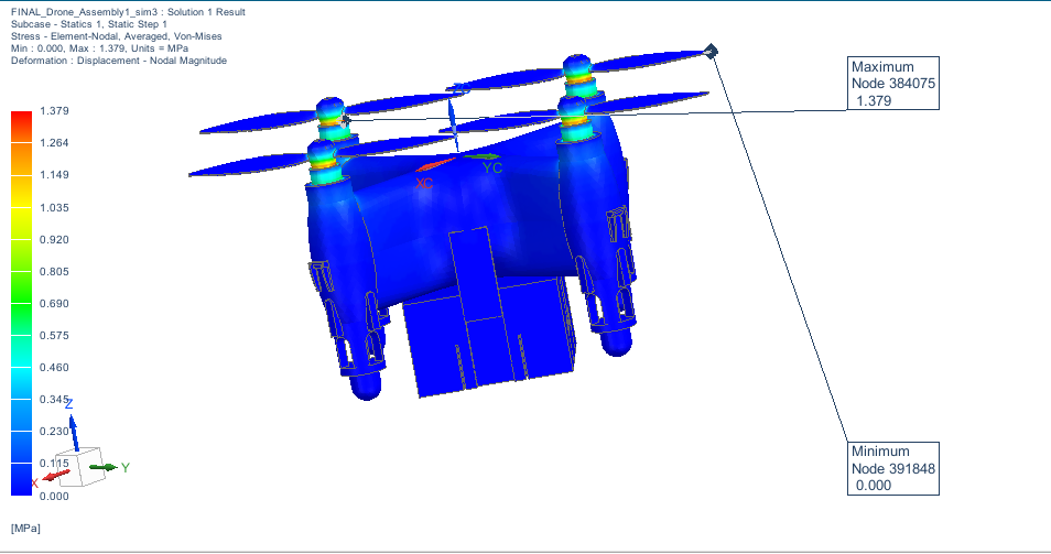 FEA — Displacement result on drone assembly (rear isometric)