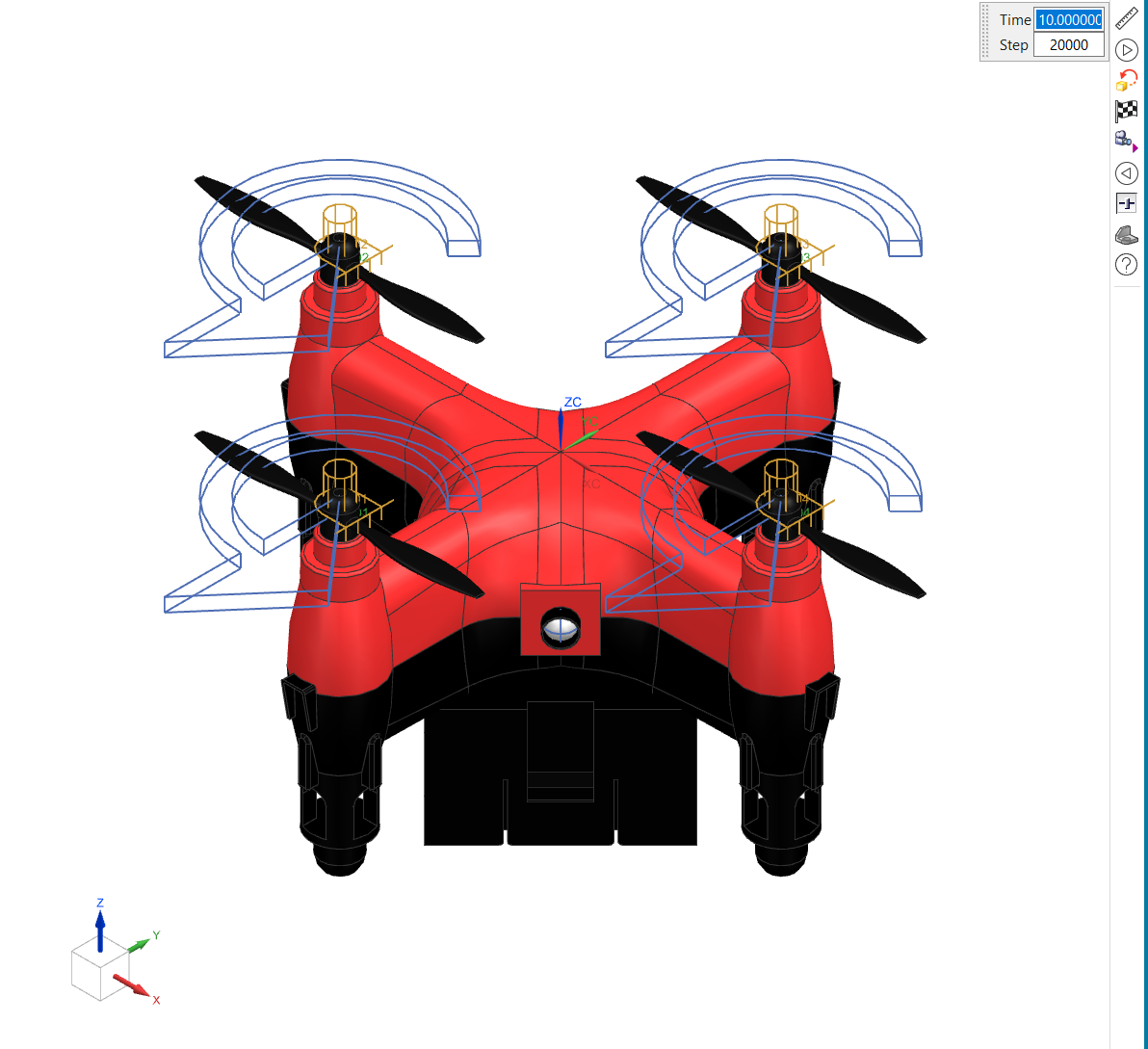 Motion analysis — no friction, top-down view, propeller sweep paths at t=10s