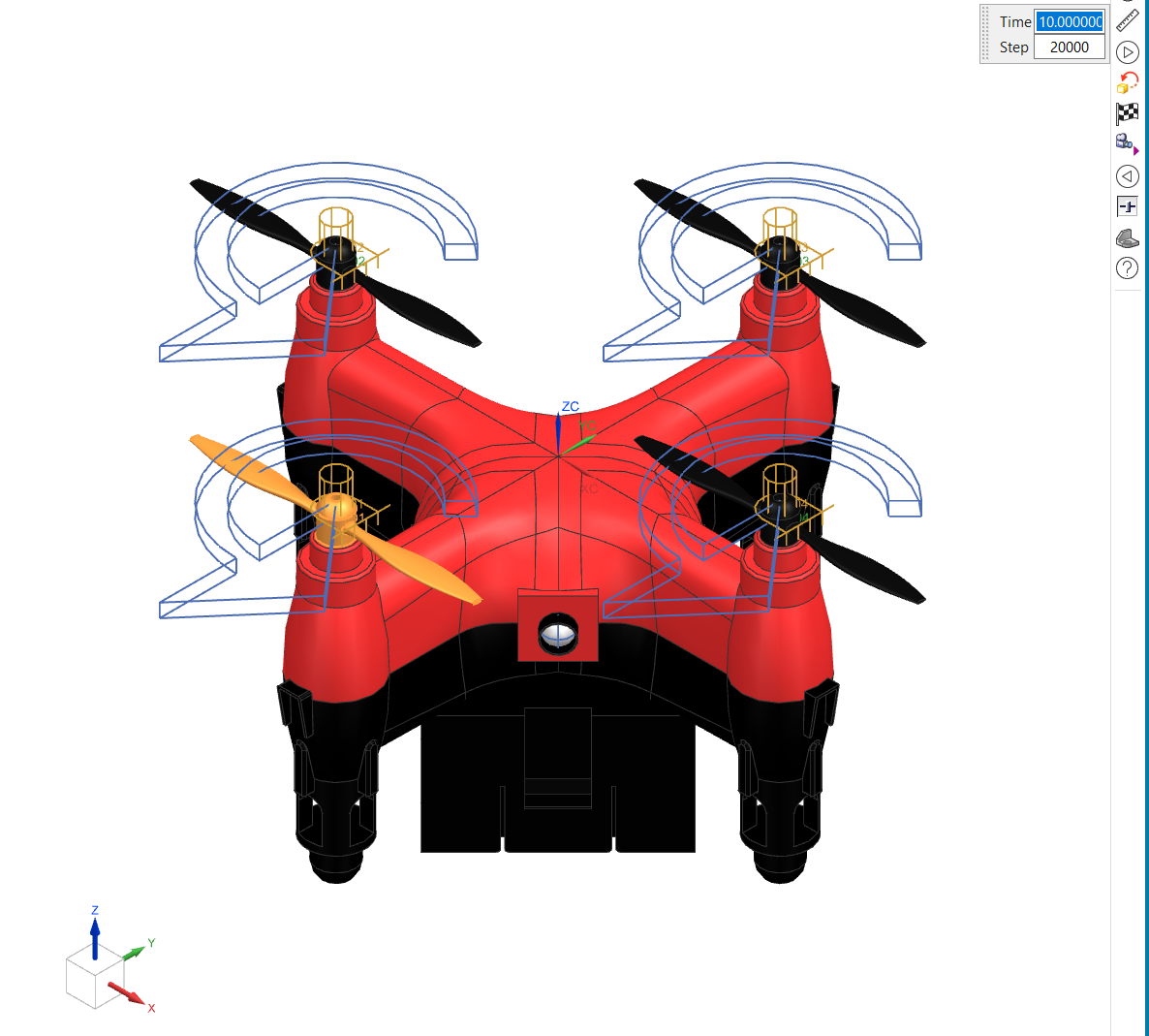 Motion analysis — with friction, isometric view, propeller sweep paths at t=10s
