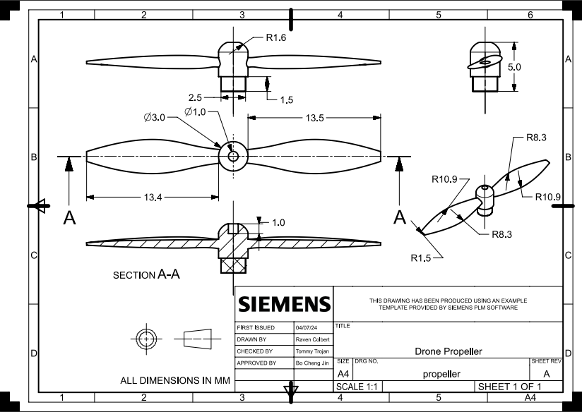 Engineering drawing — Drone Propeller (dimensioned, Siemens NX)
