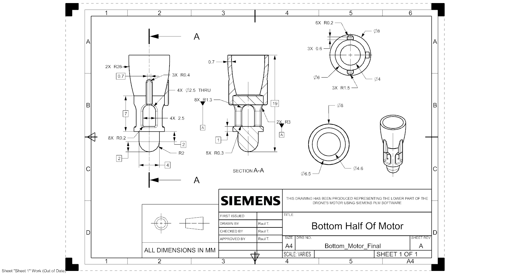 Engineering drawing — Bottom Half of Motor (section A-A)