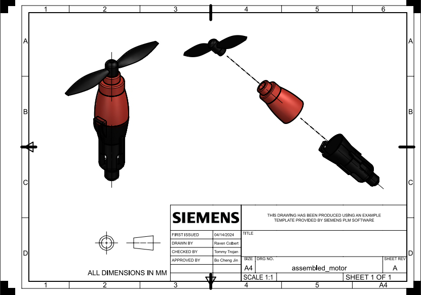 Engineering drawing — Assembled Motor (isometric + exploded views)