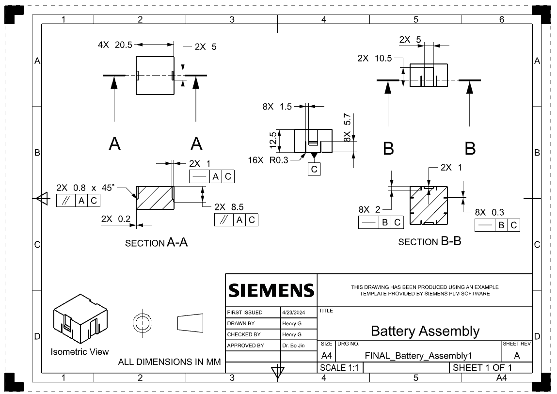 Engineering drawing — Battery Assembly (drawn by Henry Glover — sections A-A and B-B)