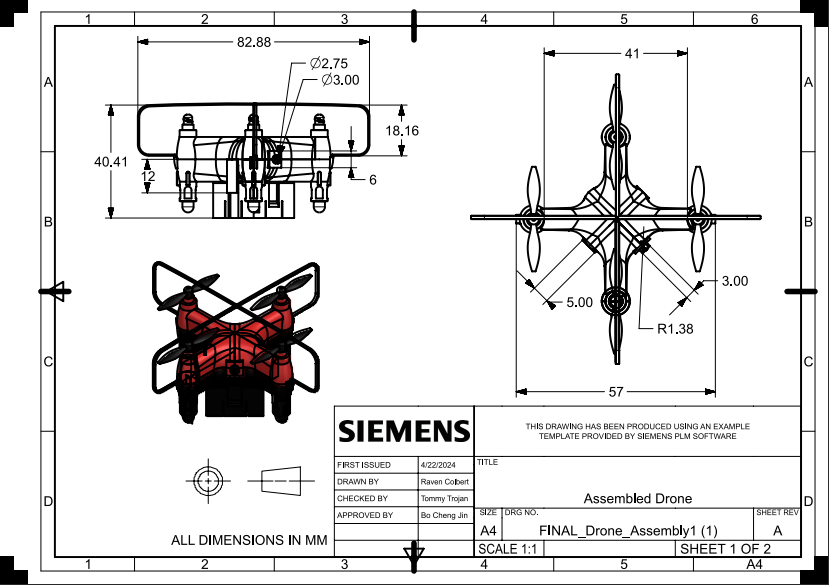 Engineering drawing — Full Drone Assembly (top and front views)