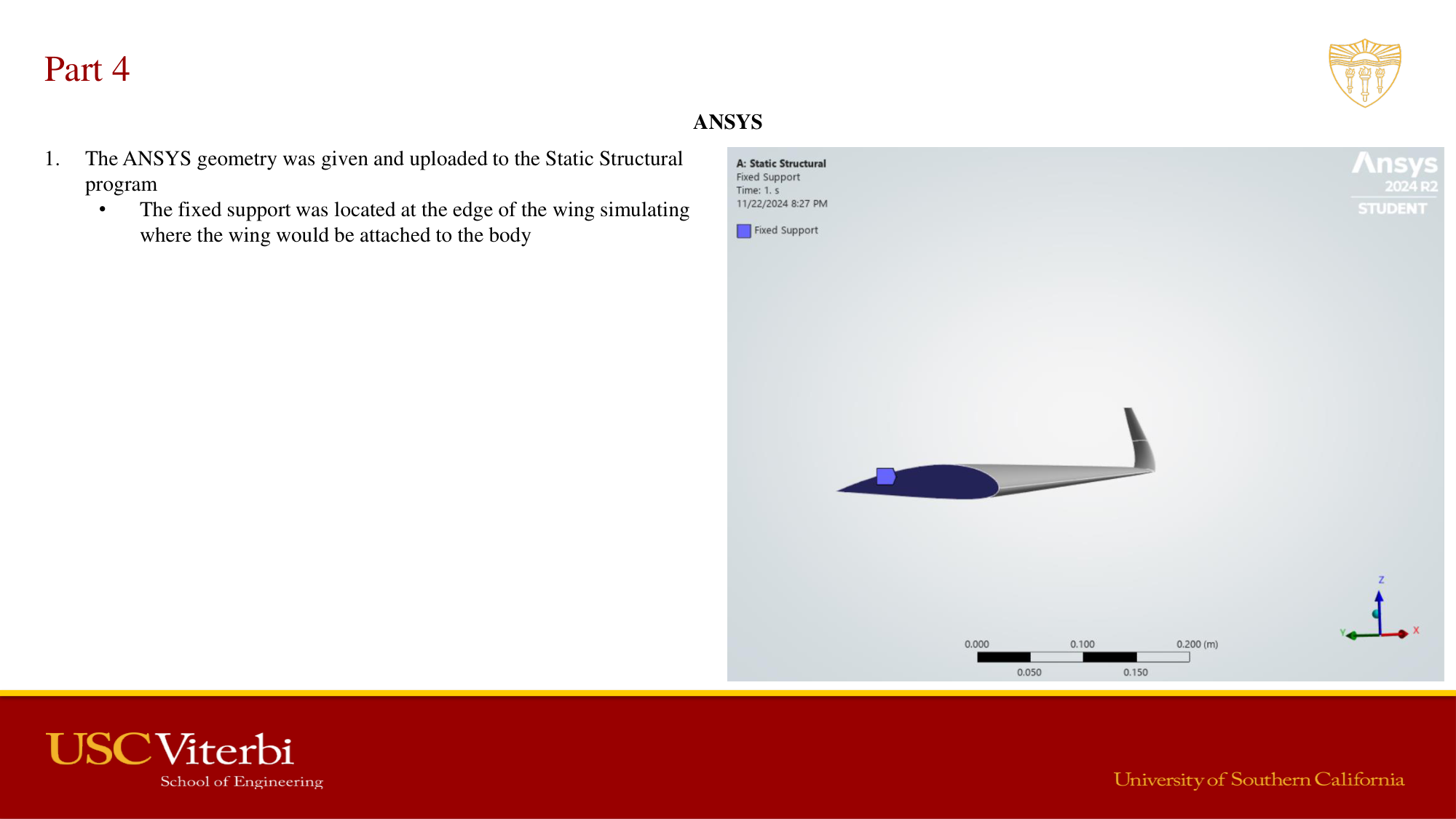 ANSYS setup — wing fixed support at root edge, static structural