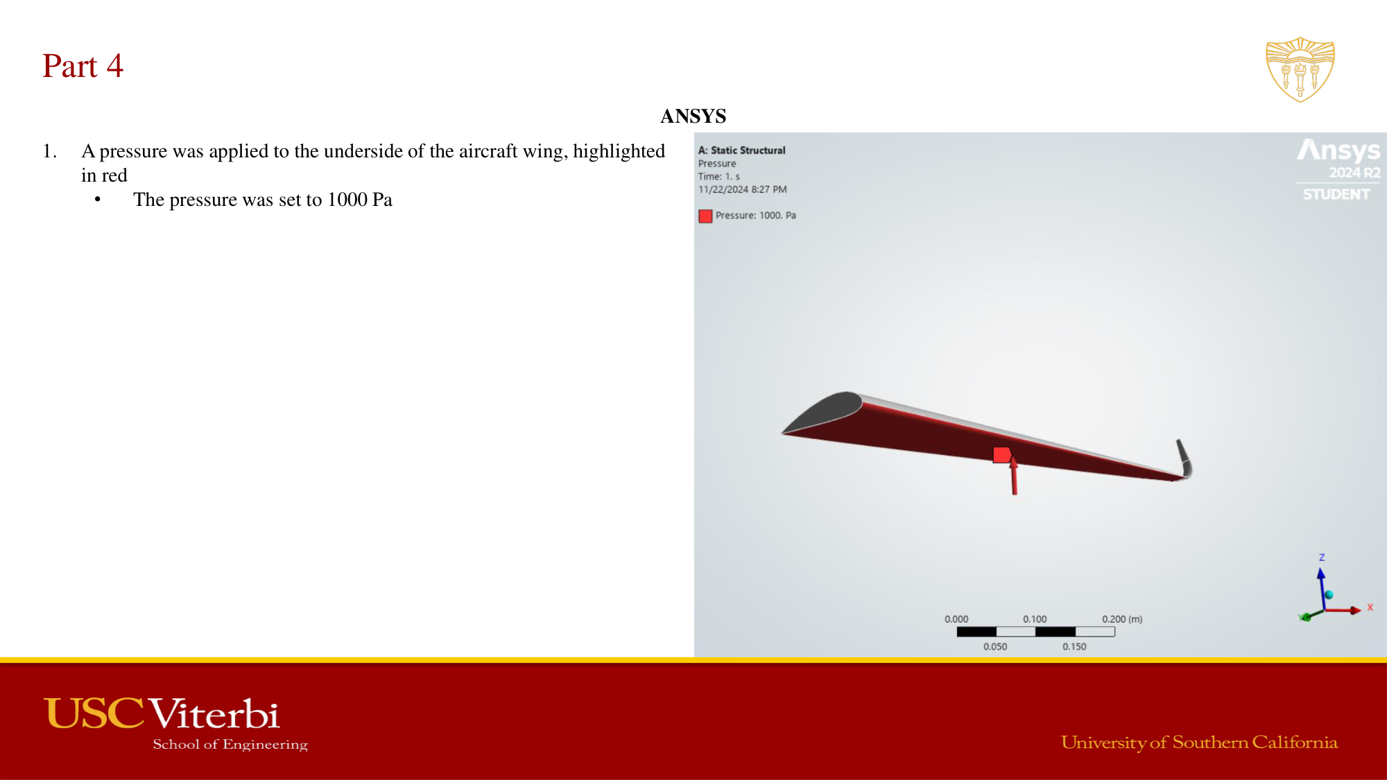ANSYS pressure load — 1000 Pa applied to underside of wing