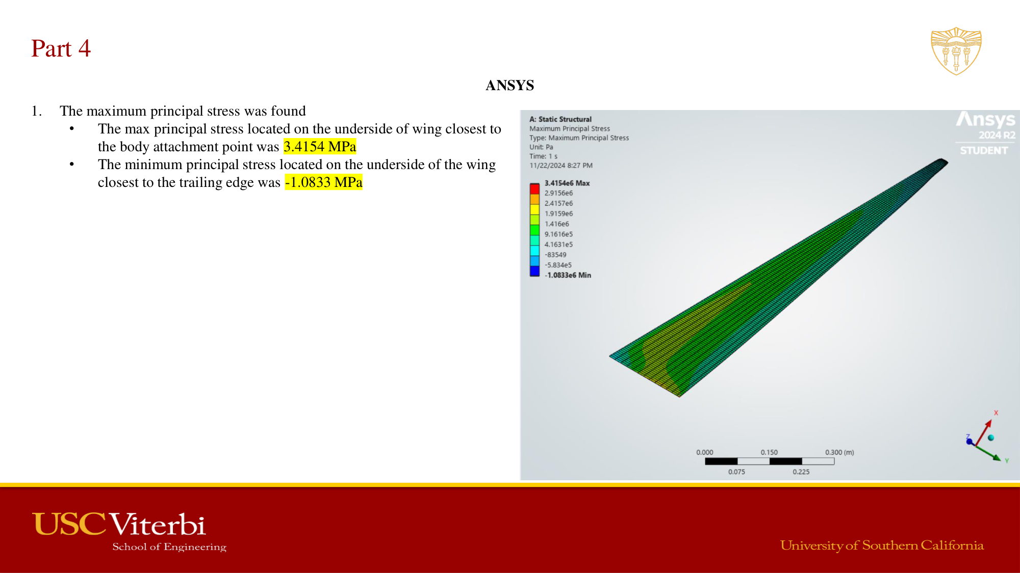 ANSYS max principal stress — 3.4154 MPa at root underside, -1.0833 MPa near trailing edge