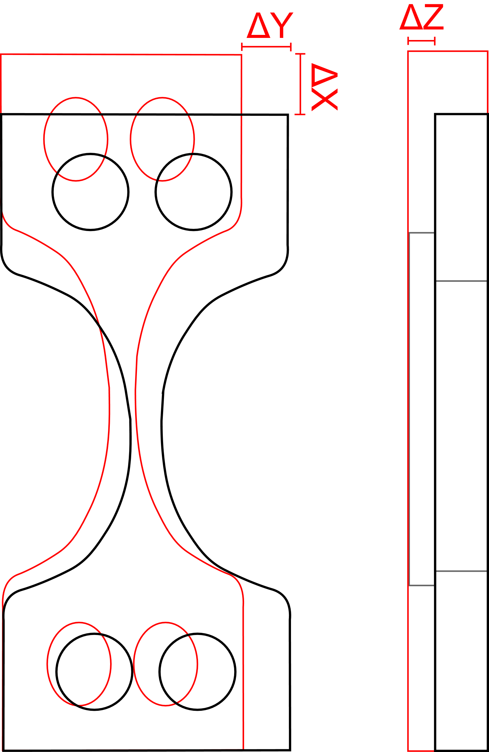 Dog-bone dimensional analysis diagram — ΔX, ΔY, ΔZ deflection measurement axes