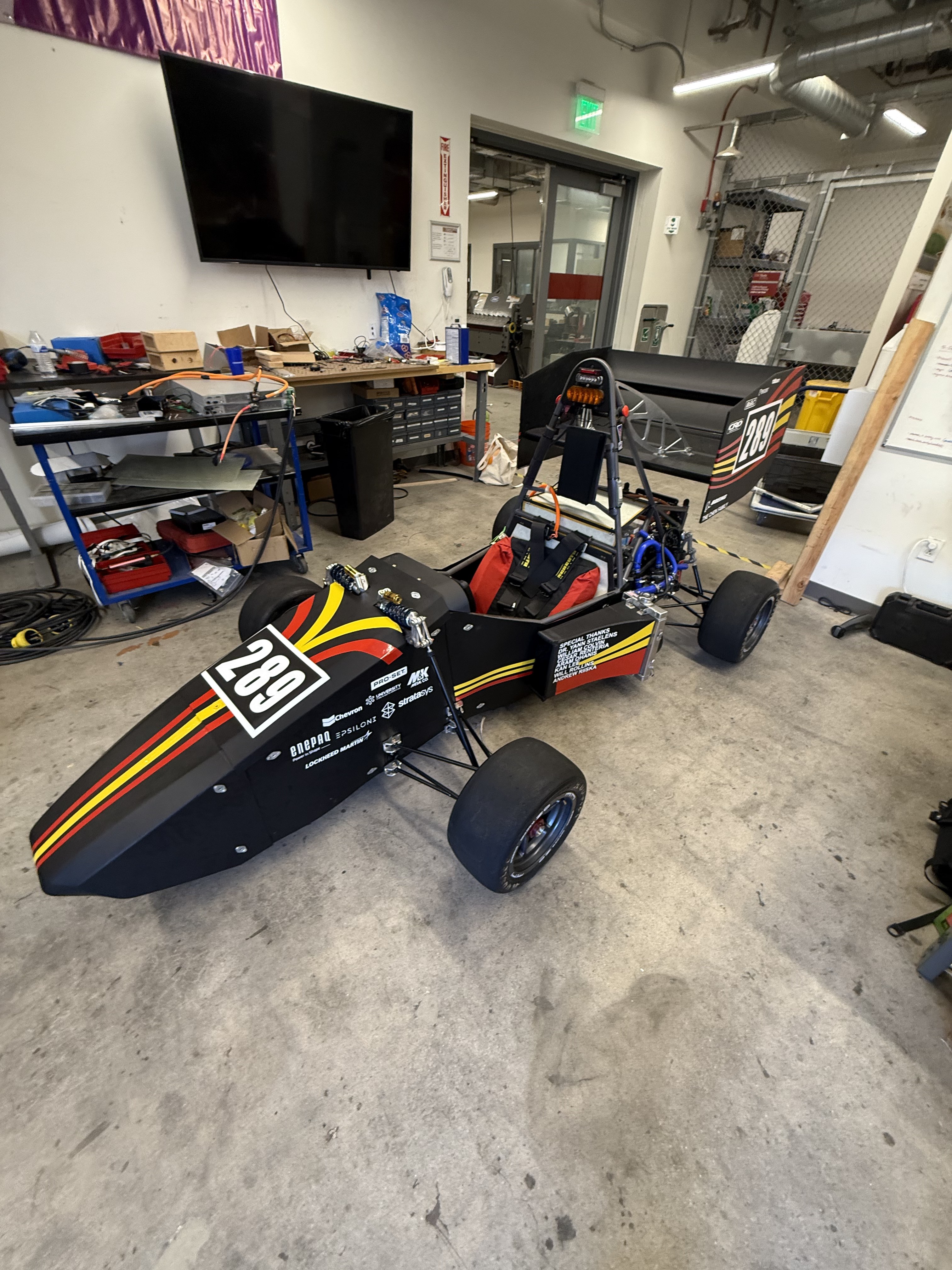 USC Formula SAE Electric car #289 in the shop — full vehicle view