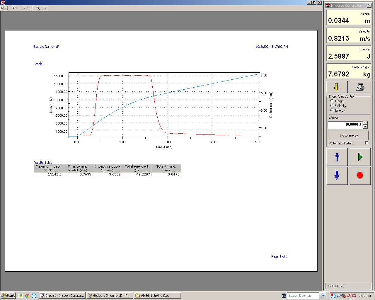 Drop tower — 60° arch, 10 thou strip, trial 1
