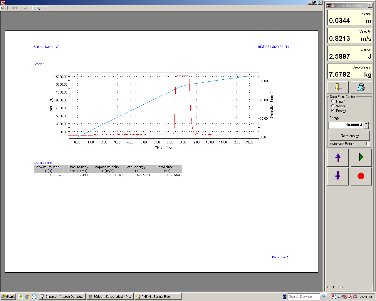 Drop tower — 60° arch, 20 thou strip, trial 1