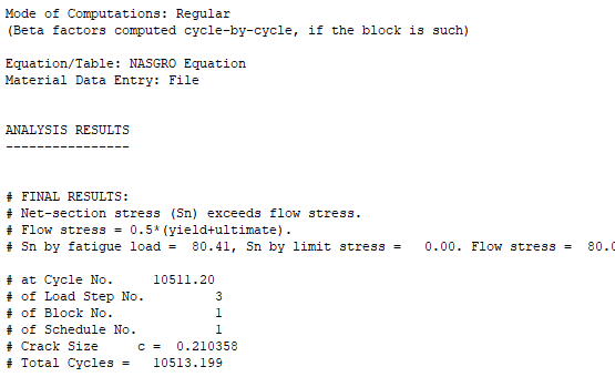 NASGRO EC01 fatigue results — failure at cycle 10,511, crack size c = 0.2104 in, net-section stress exceeds flow stress
