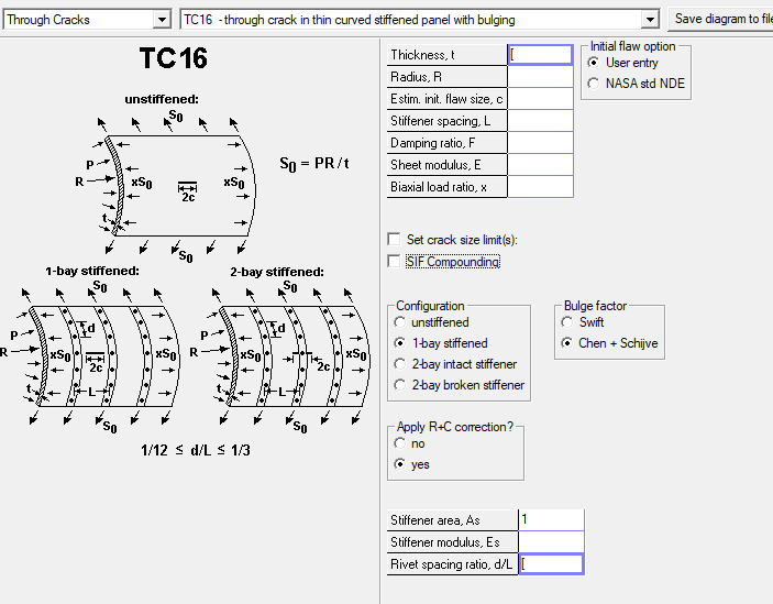 TC16 NASGRO setup — through crack in curved stiffened fuselage panel, 1-bay stiffened, Chen+Schijve bulge factor