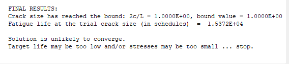 NASGRO TC16 error — solution unlikely to converge at 3,000 cycle target, target life too low