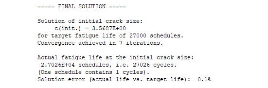 NASGRO TC16 final solution — c(init) = 3.5687 in, fatigue life 27,026 cycles, converged in 7 iterations