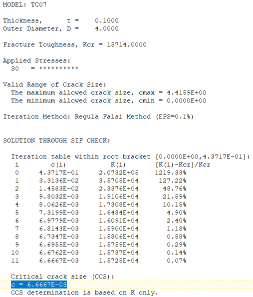 NASGRO TC07 output — Regula Falsi iteration converging to critical crack size c = 6.6667E-03 in