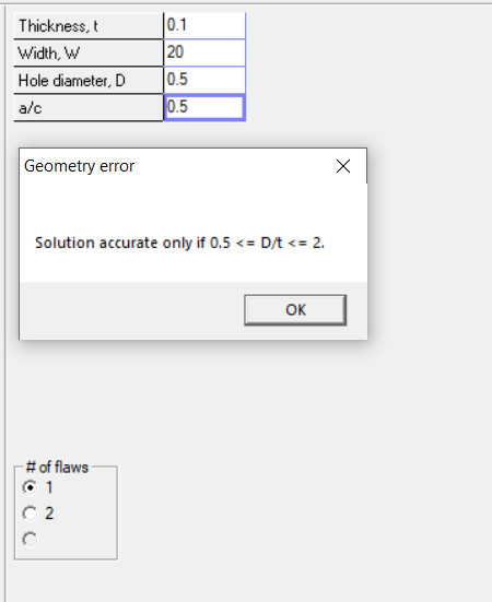 NASGRO SC11 geometry error — D/t ratio out of range, required conservative adjustment to D=0.2 in